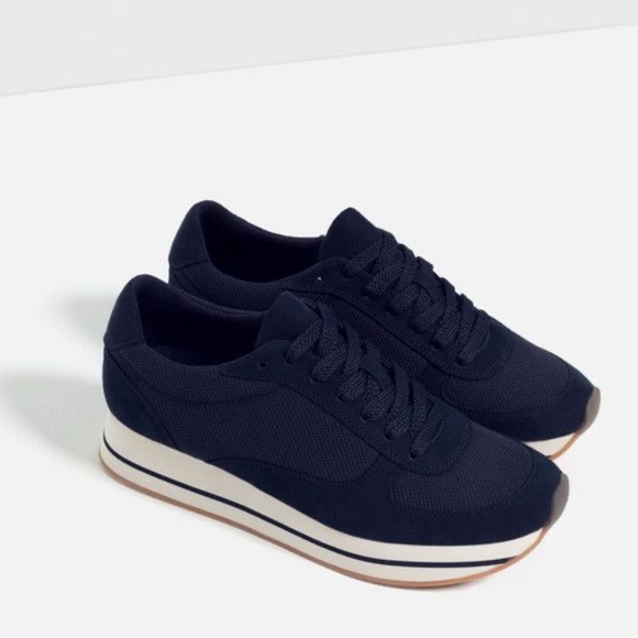Zara Dark Blue Sneakers with White and Tan Sole - Picture 1 of 6